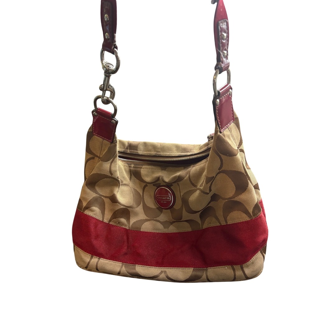 Coach Signature Stripe Khaki Red Canvas Hobo Shoulder Bag F17434